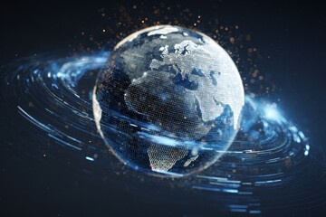 Stunning digital illustration of the Earth with data streams and swirling lines.