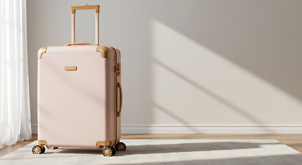 Elegant blush pink hard shell rolling suitcase with gold accents, set against a minimalist and brightly lit room, showcasing natural light and soft shadows. 