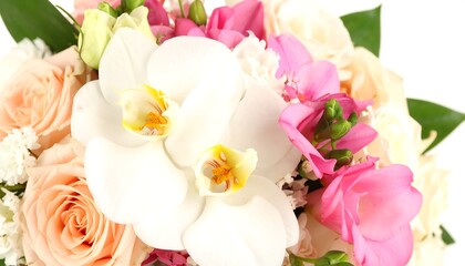 A beautiful bouquet displays a medley of peach roses, white orchids, and pink freesia, showcasing a vibrant and delicate floral arrangement.