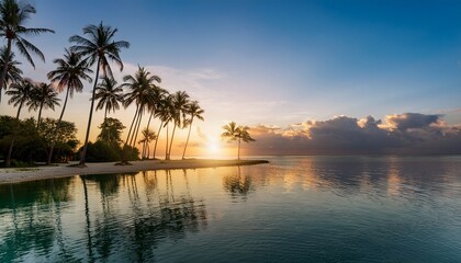 tropical sunrise lagoon paradise with palm trees and serene waters