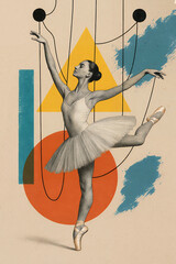 Ballerina posed like puppet with geometric shapes, textured sketch style, beige background, control concept. Modern design, contemporary art collage. Trendy urban magazine style