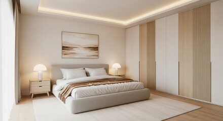 A serene bedroom with a light-colored bed, two simple nightstands with lamps, and a large built-in wardrobe with wooden accents. A soft abstract painting hangs above the bed, and a light rug covers th