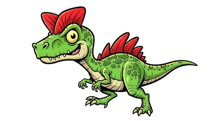 Fototapeta premium A friendly cartoon dinosaur illustration in green color with red spines on its back.