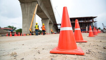 Construction site marked with safety cones, workers in bright clothing are visible in the background, under a large highway overpass.