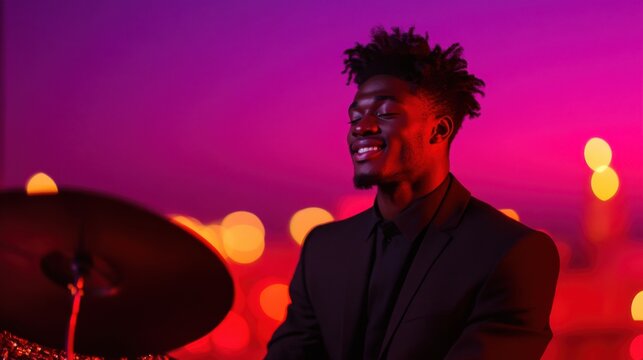 Musician joyfully playing drums under vibrant neon lights