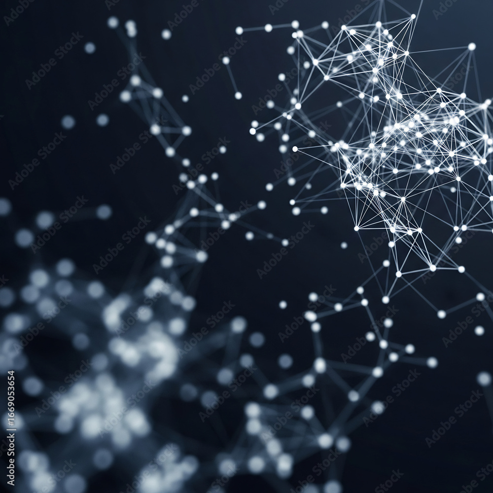 Poster abstract glowing network of interconnected points and lines.