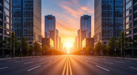 Fototapeta premium A perfectly symmetrical, wide-angle shot of a modern city street at sunrise. The warm, golden light of the sun crests over the horizon, casting a stunning lens flare