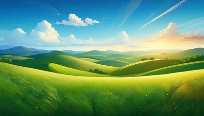 summer field landscape with dawn green hills and a bright blue sky in flat cartoon style