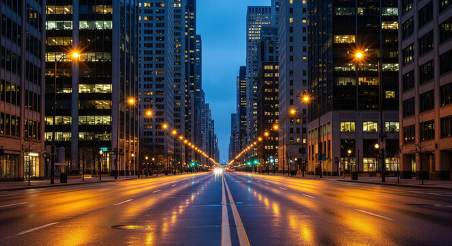 A stunning night view of a major city street, with glowing streetlights and a solitary car illuminating the wet asphalt. The sleek, modern buildings on either side create a symmetrical corridor