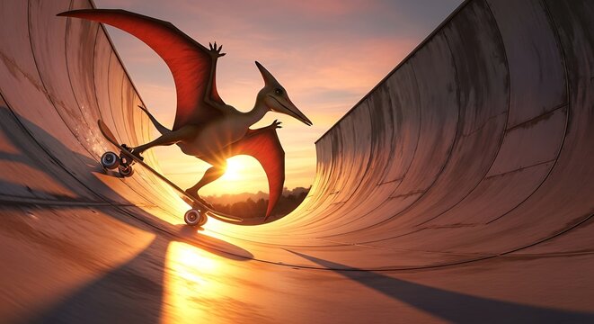 A pterodactyl rides skateboard in a skate park during sunset. 