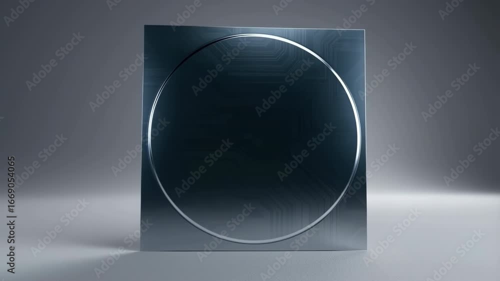 Poster rotating metallic square with illuminated circle and circuit design