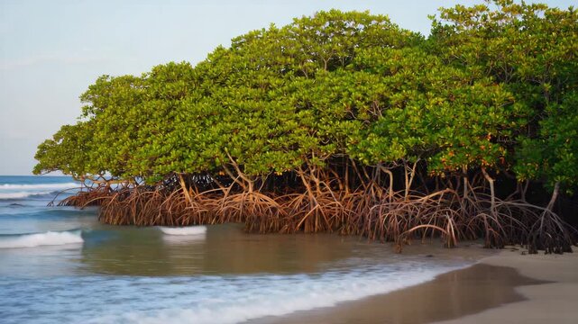 Lush mangrove forest with tangled prop roots growing on a tropical sandy beach by the tranquil ocean during a warm sunset