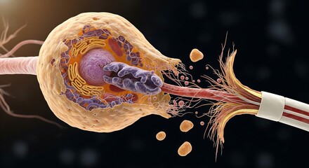 Detailed 3D rendering of a damaged neuron showing the process of demyelination and neurodegeneration in the nervous system