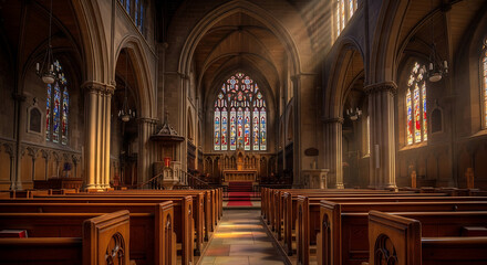 Fototapeta premium Sunlight streaming through stained glass windows illuminating church pews and altar creating a serene spiritual atmosphere for worship and contemplation