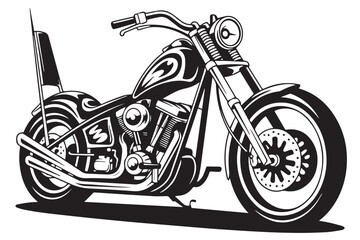 custom chopper motorbike outline vector art featuring low-slung frame, elongated forks, disc brake and sissy bar design © AIcon Star