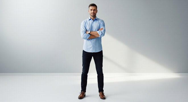  A confident and serious man stands with his arms crossed in a full-body shot. He is wearing a blue button-down shirt, dark pants, and brown shoes
