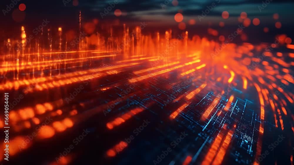 Poster dynamic fly-through of a futuristic digital city with glowing orange data streams and circuits