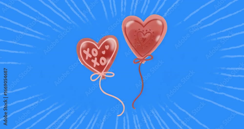 Poster at start two red heart balloons emerging drifting as background rays pulsing for looping effect