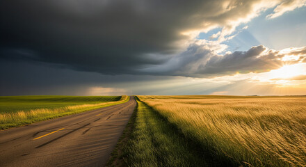 Fototapeta premium This powerful image showcases a dramatic contrast between a bright, sunny sky on the right, with golden light rays breaking through clouds, and a dark, ominous storm front on the left