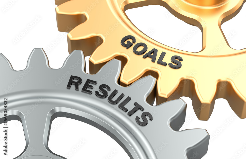 Poster goals and results, gears connection. 3d rendering