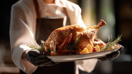 A chef presents a golden roasted turkey on a platter with rosemary and citrus. The crispy skin glistens beside cranberries, capturing a festive holiday feast.
