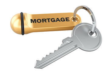 Mortgage concept with key and golden keychain. 3D rendering