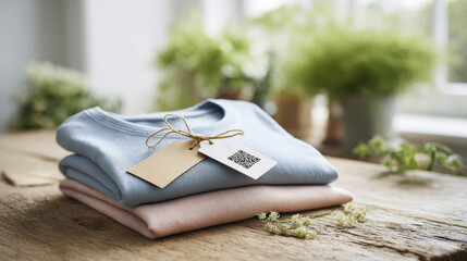 Folded pastel sweatshirts with kraft hang tags and a QR code lie on a rustic wooden table. Soft daylight and greenery suggest sustainable apparel and mindful branding.
