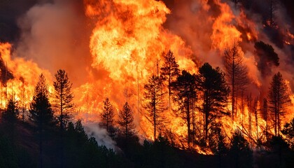forest fire engulfing trees dramatic flames on isolated background