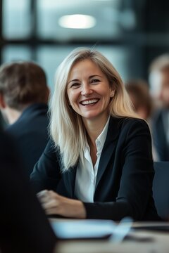 Happy middle aged businesswoman executive ceo leaderdiscussing project managemnt planning strategy workig with diverse colleagues ompany team at office corprate board group meeting.