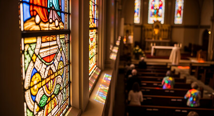 Religious Ceremony in a Church with Colorful Stained Glass Windows and Seated Congregation