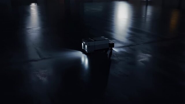Modern amr navigating a dark warehouse