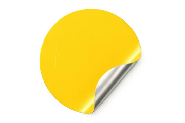 Round yellow sticker with curled silver corner on transparent background, creating a customizable space for text or design