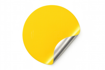 Round yellow sticker with curled silver corner on transparent background, creating a customizable space for text or design