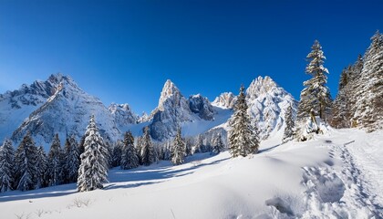 Fototapeta premium snow covered mountainous landscape under a clear blue sky with sharp jagged peaks and scattered trees creating a serene winter atmosphere