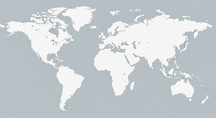 A clean, minimalist vector map of the world, with all continents and countries colored in white against a subtle light gray background. This blank, stylized map is perfect for presentations