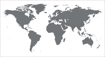 A clean, minimalist vector map of the world, with all continents and countries colored in a solid gray tone. This blank, stylized map is perfect for presentations, educational content, infographics
