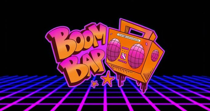 Opening sequence showing graffiti-style Boom Bap lettering dripping paint over neon-grid