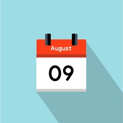 Flat Calendar Illustration with August 9 Date – Minimal Design for Schedule, Planning, and Important Day Reminder