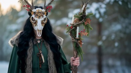 Woman in skull mask and fur shawl holding a ceremonial staff in a winter forest setting footage.