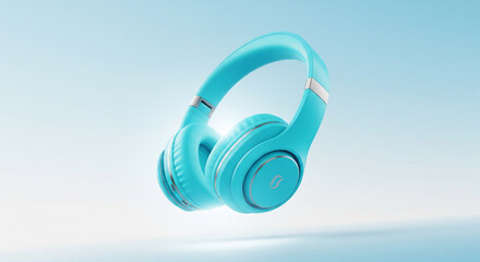 Naklejka premium A pair of vibrant, modern over-ear headphones in a striking cyan or teal color, floating in a clean, bright studio environment