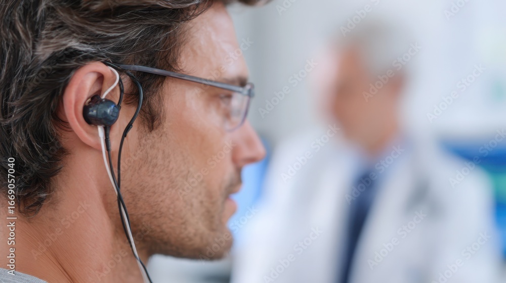 Poster worker in medium shot undergoing hearing acuity test headset in sharp focus while the clinical envir