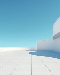 Obraz premium Sunlit white arches over a tranquil rooftop with an expansive tiled terrace and a clear blue sky