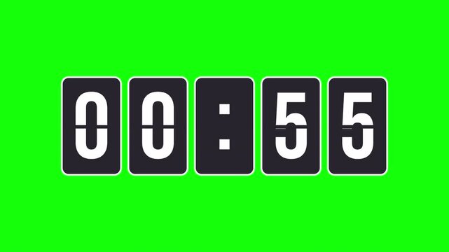 Animated 1-minute countdown video with a flip clock timer design. Digital numbers count down from sixty seconds on a transparent background, perfect for events, sports, and presentations.