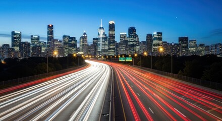 Obraz premium Cityscape at night with blurred car lights on the highway showcases urban dynamism