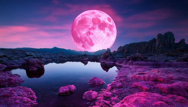 surreal pink supermoon over alien landscape reflective pools and neon rocks