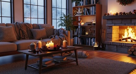zoom background cozy living room fireplace winter evening home comfort