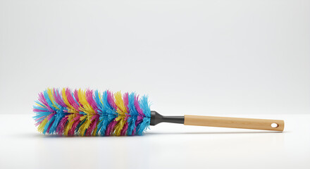 Colorful duster brush with wooden handle, household cleaning tool used for removing dust at home.