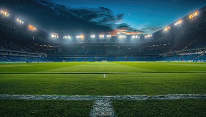 Night soccer stadium, empty field, dramatic sky, game preparation, sports banner