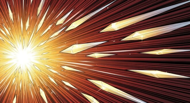 Dynamic comic style explosion with crystalline shards radiating across the frame