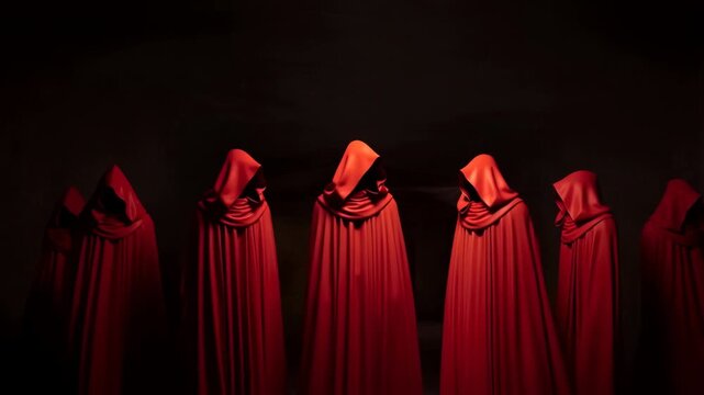 Cultists in red cloaks standing motionless in the dark